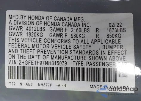 2022 Honda Civic Touring from USA, damaged, VIN 2HGFE1F97NH315079